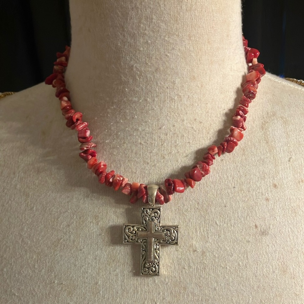 Red Beaded Cross Necklace